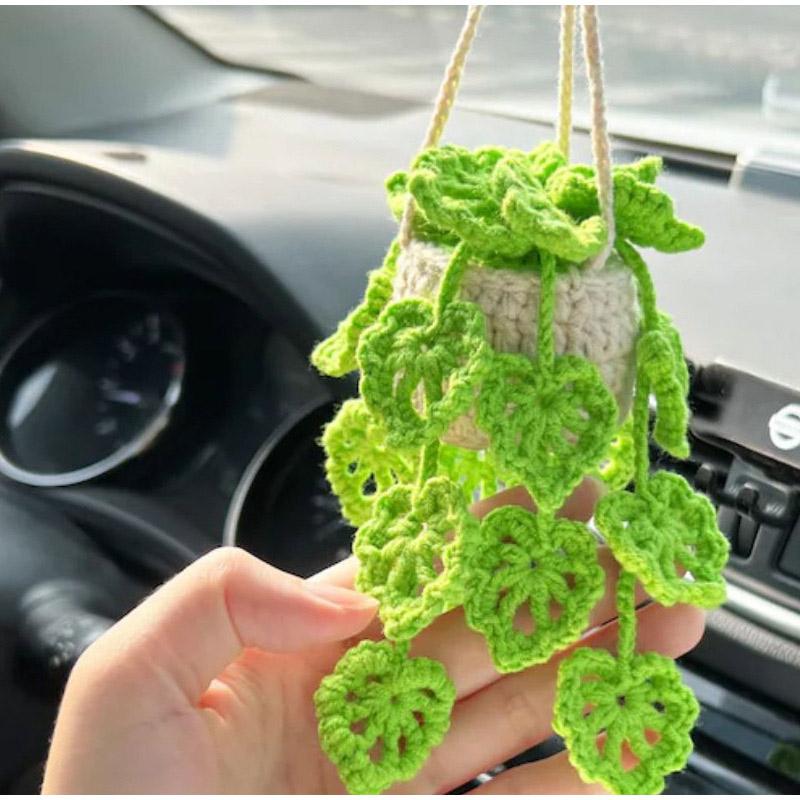 Hand Woven Plant Baskets Car Decor Yarn Hooks Woven Plants Potted Plants Car Pendants Cute Car Interiors Kawaii Room Decoration