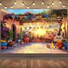 A two-dimensional background fabric with a theme of a Mexican carnival accompanied by colorful flags guitars and potted plants