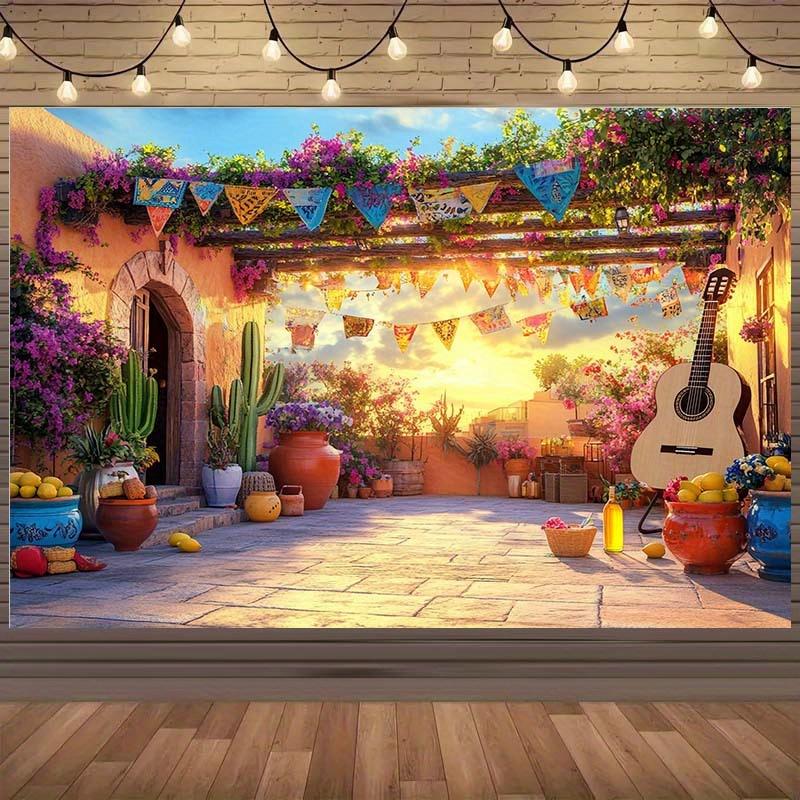 A two-dimensional background fabric with a theme of a Mexican carnival accompanied by colorful flags guitars and potted plants