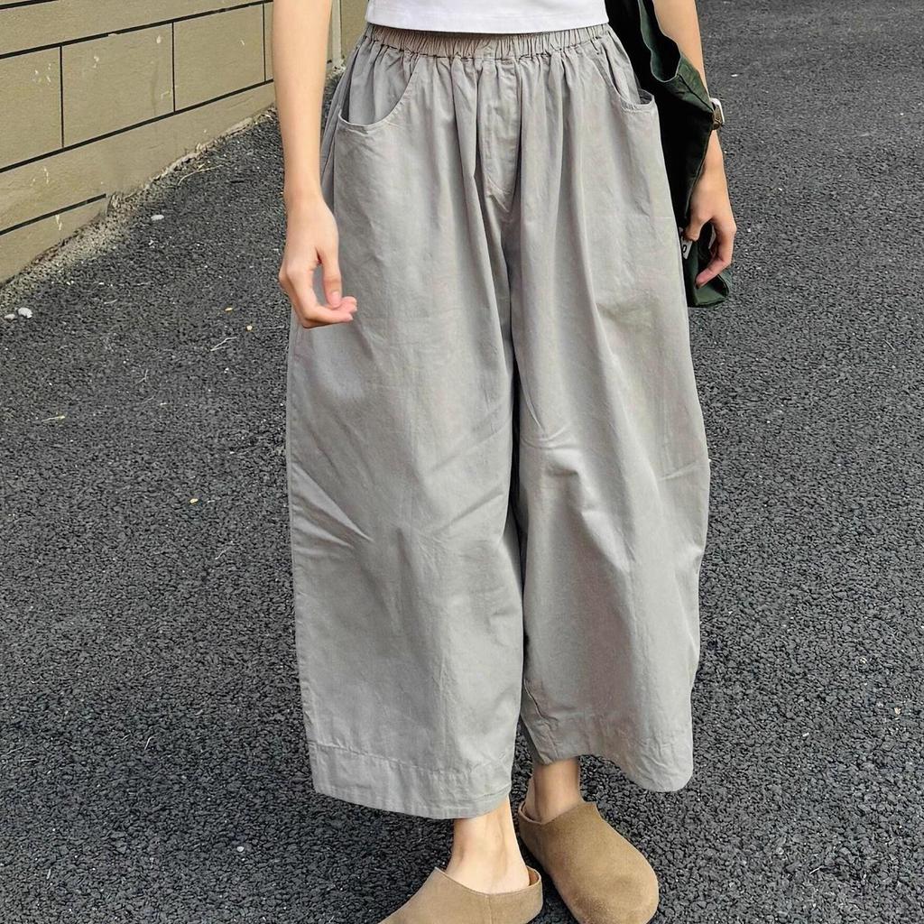 Women's Gray Quick-Dry Wide-Leg Japanese-Style Casual Cropped Pants