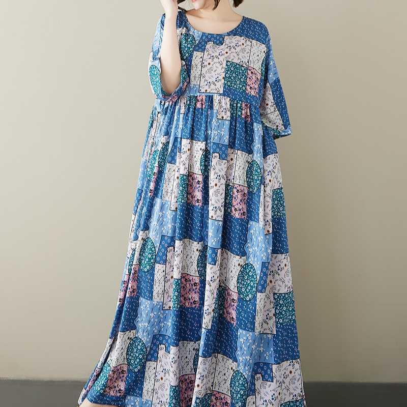 Round Neck Short Sleeved Artistic Retro Casual Loose Women's Dress