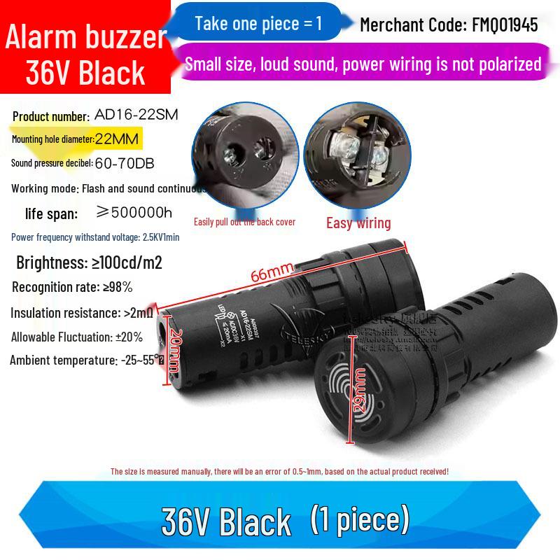 Buzzer with Intermittent Sound and LED Flashing Alarm AD16-22SM, Compatible with AC/DC 12V-220V