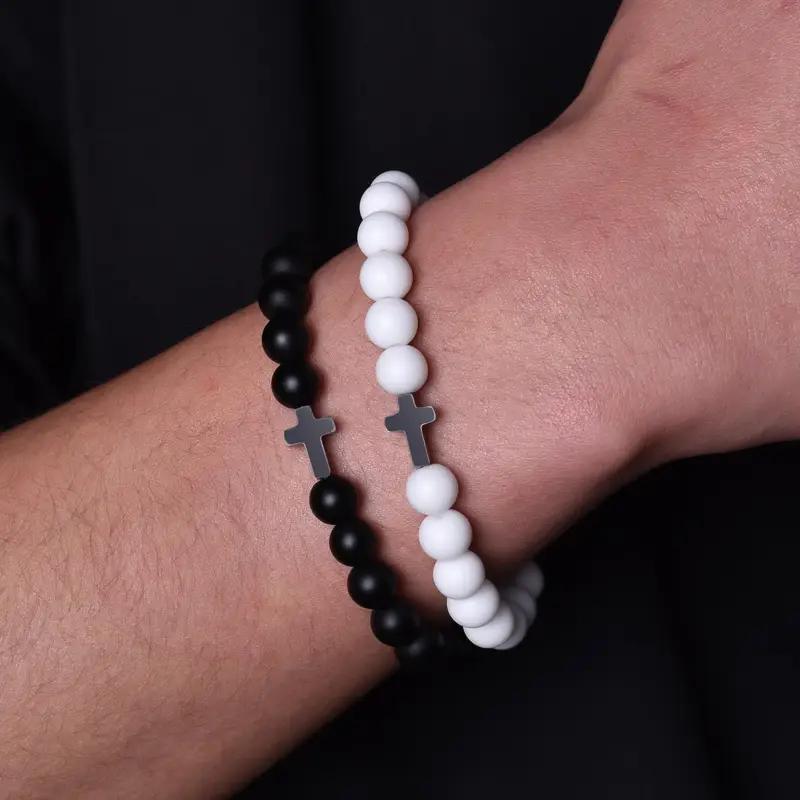 Black & White Frosted Agate Cross Couple Bracelets - Elastic Cord