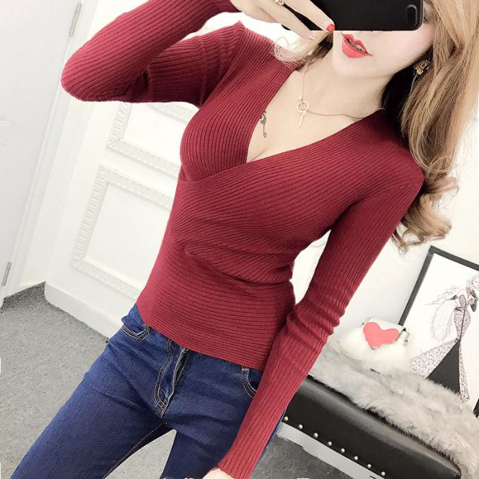 Women's Slimming V-Neck Sweater - Autumn/Winter Long Sleeve Knit Top