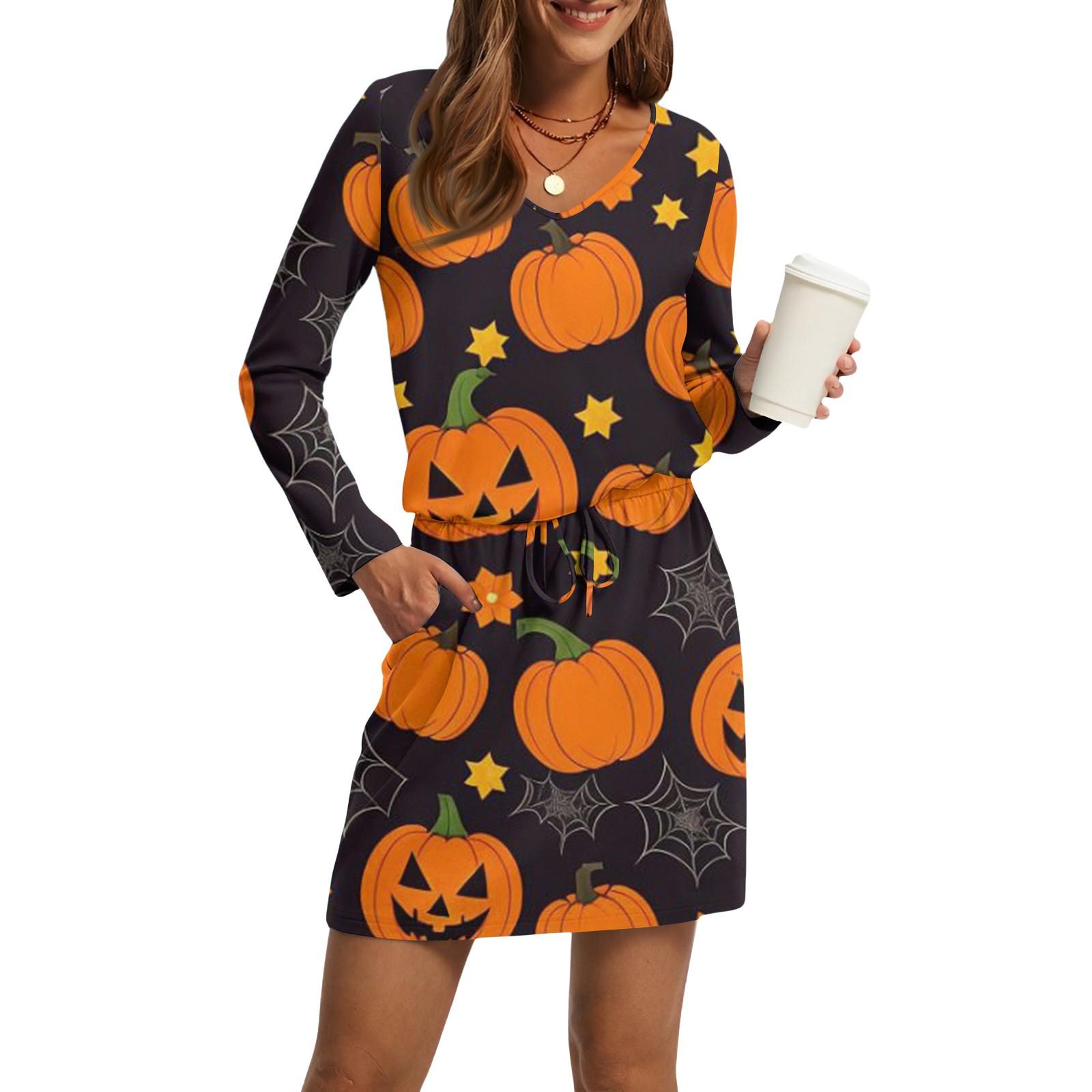 

Женские модные платья с V-образным вырезом, длинным рукавом, кулиской, карманом и принтом на Хэллоуин XXL тёмно-синий