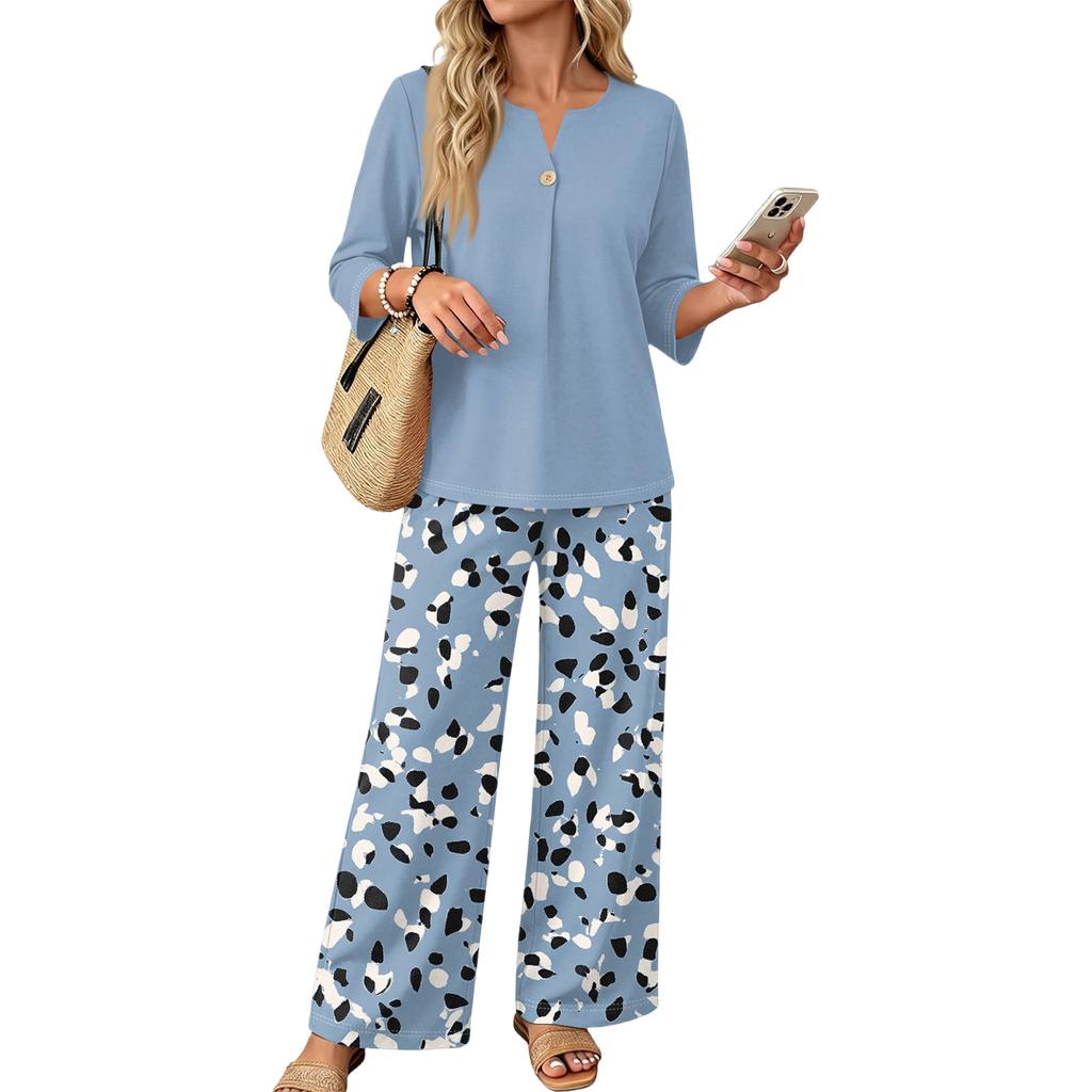 Women's Casual Printed 2 Piece Outfit with 3/4 Sleeve Button Top and Wide Leg Pants Set