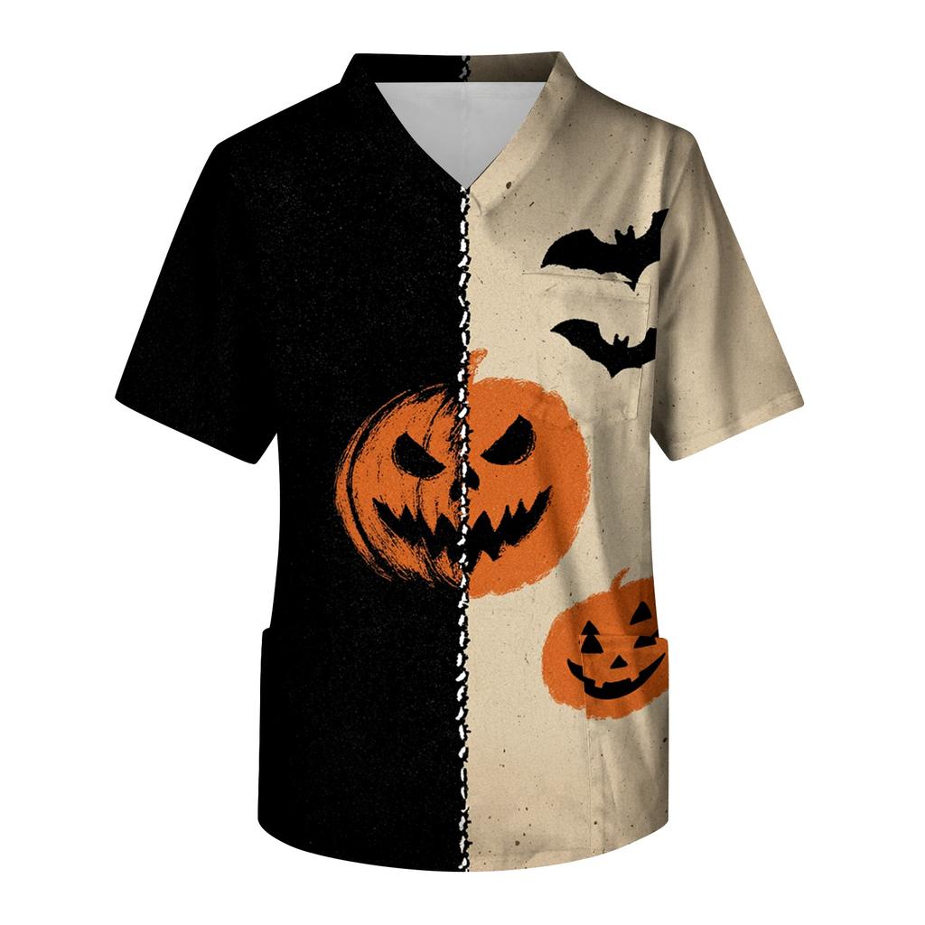 Men's Short Sleeve V-Neck Halloween Print Scrub Top with Chest Pocket
