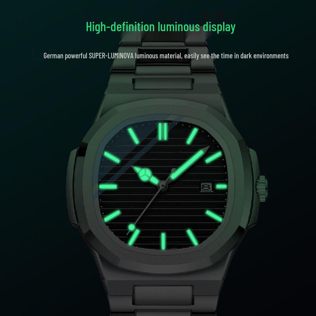 Orologio al quarzo luminoso in stile svizzero - Impermeabile, Cinturino in acciaio, Funzione calendario, Design business unisex.