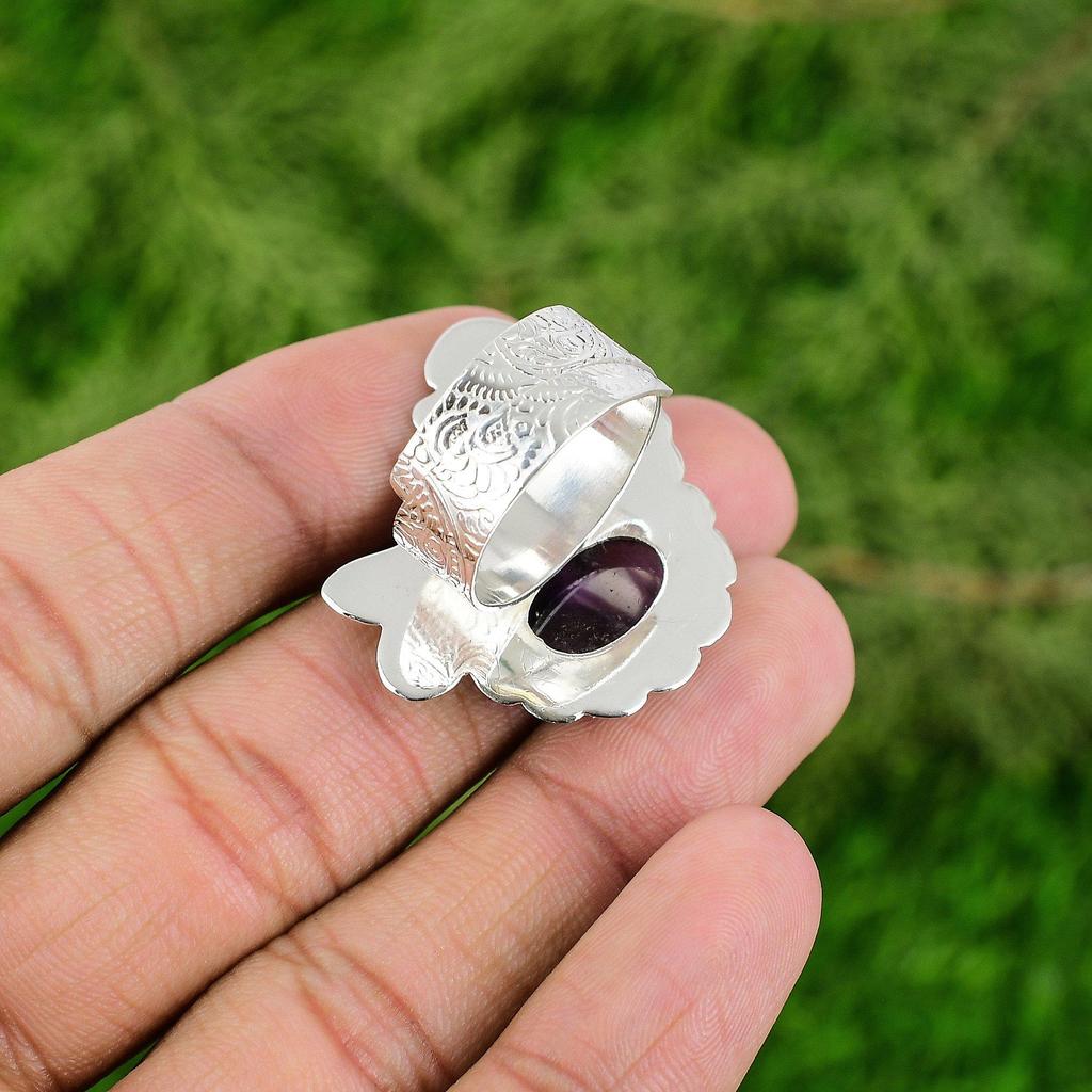 Womens day Deal Sterling Silver Oval Natural Star Amethyst Boho Solitaire Ring