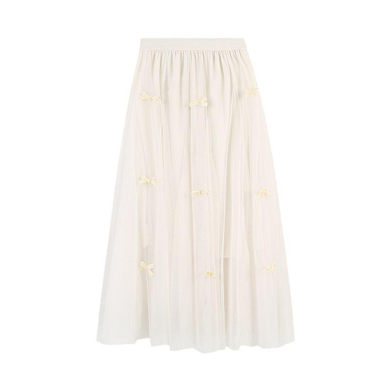 2023 Women's High-End Tulle A-Line Bowknot Midi Skirt for Spring and Autumn