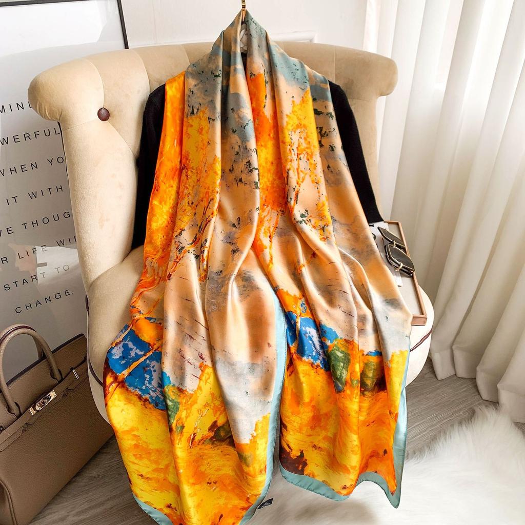 Autumn and Winter New Korean Version Oil Painting Style Imitation Silk Scarf Fashion Early Autumn Decoration Warm Medium and Long Scarf Women