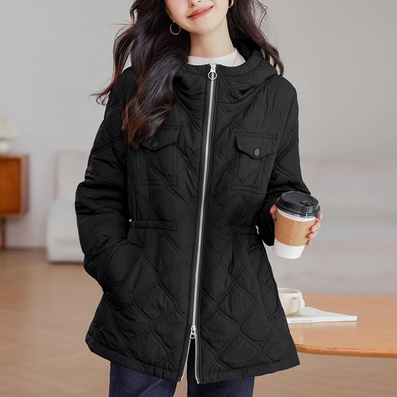 Women's Winter 2024 Hooded Cotton Coat: Mid-Length, Waist-Cinching, Slimming, Casual Style for Middle-Aged Moms.