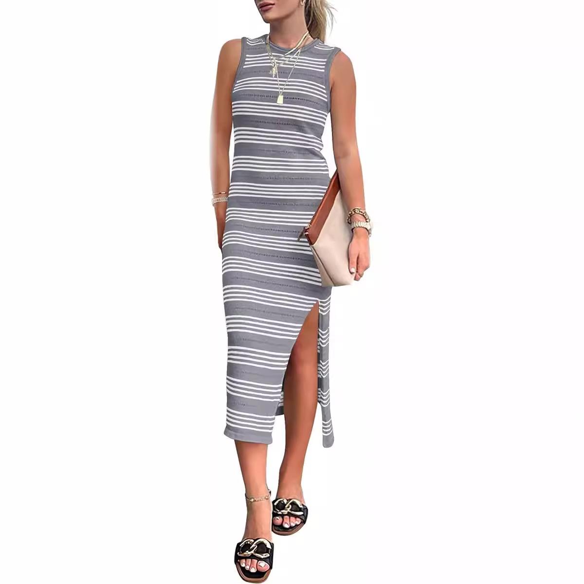 

Hot-Selling European & American Summer Striped Knit Tank Dress with Side Slit S