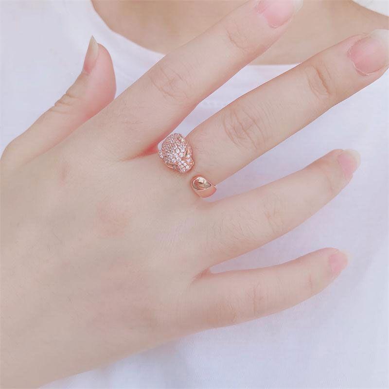 Rose Gold Plated Purple Fashion Full Leopard Head Ring Men'S And Women'S High-End Open Ring