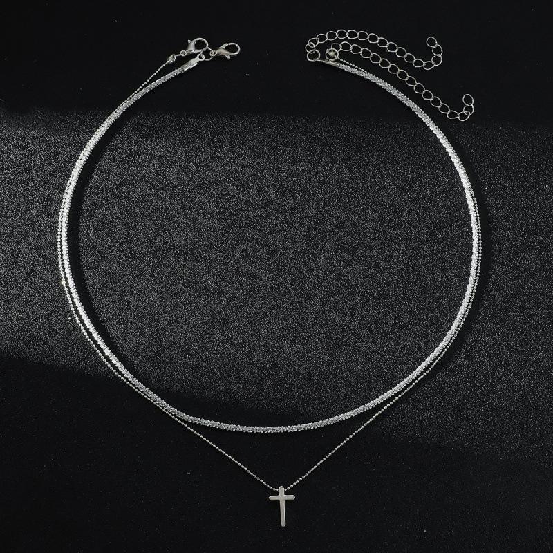 European & American Silver Double Layer Bead Cross Necklace - Minimalist Luxury Jewelry