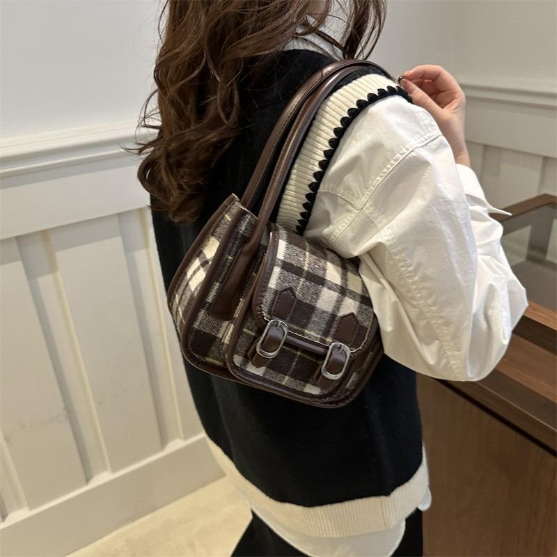 Herbstliche Wollplaidtasche Damen neue trendige Achseltasche Retro Nische Ein-Schulter tragbare kleine quadratische Tasche