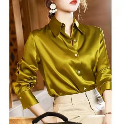 Letní Trend Módní Dámská Ležérní Elegantní Saténová Košile s Dlouhým Rukávem Kancelářské Dámské Košile a Halenky Slim Dámské Oblečení
