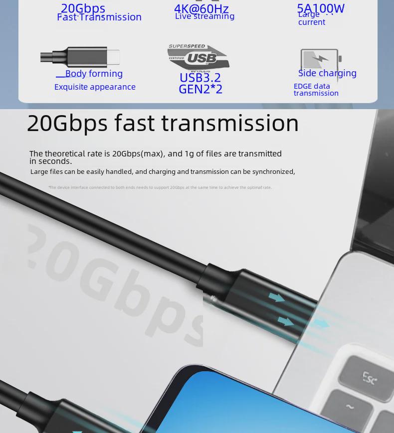 Type-C To Type-C USB3.2 Gen2x2 Male Cable, 100W PD Fast Charging, 4K Projection.
