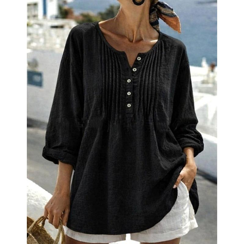 Loose Cotton Linen Long Sleeve Pleated Round Neck Plus Size Women S Shirt