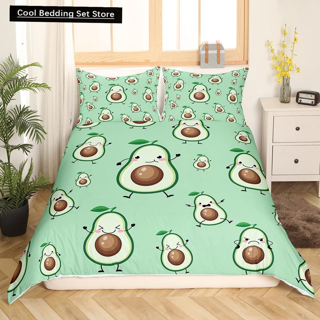 Husă de pilotă verde avocado King Queen Set de lenjerie de pat cu avocado din desene animate Husă de pilota cu fructe Husă de pilotă din poliester cu plante tropicale