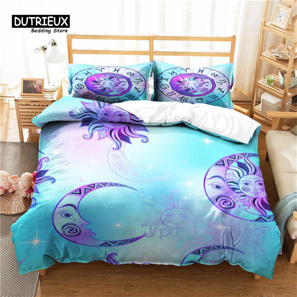 Sun And Moon Duvet Cover Exotic Galaxy Stars Bedding Set Microfiber Astrology Comforter Cover Queen For Kids Boys Teens Bedroom