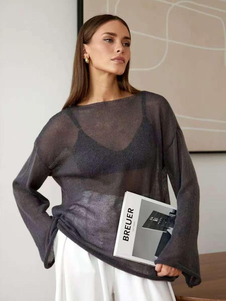 European-American Thin Round Neck Bell Sleeve Knitted See-through T-shirt (Spring/Summer 2025 Collection)