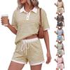 Women's Two Piece Set Short Sleeve Polo Shirt High Waist Drawstring Shorts Casual Lounge Wear Striped Pattern Summer Outfit