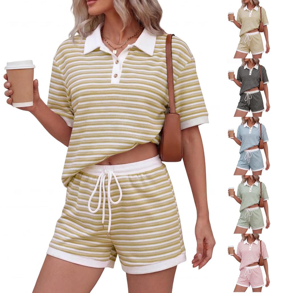 Women's Two Piece Set Short Sleeve Polo Shirt High Waist Drawstring Shorts Casual Lounge Wear Striped Pattern Summer Outfit
