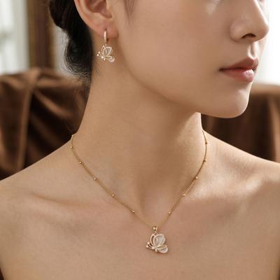 Ins Hollow Butterfly Zircon Earrings and Pendant Necklace Simple and Luxurious Daily Wear Women's Jewelry Two-Piece Set