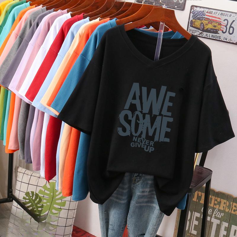 Short-sleeved T-shirt, Loose-fitting, Slimming Printed V-neck Top for Women