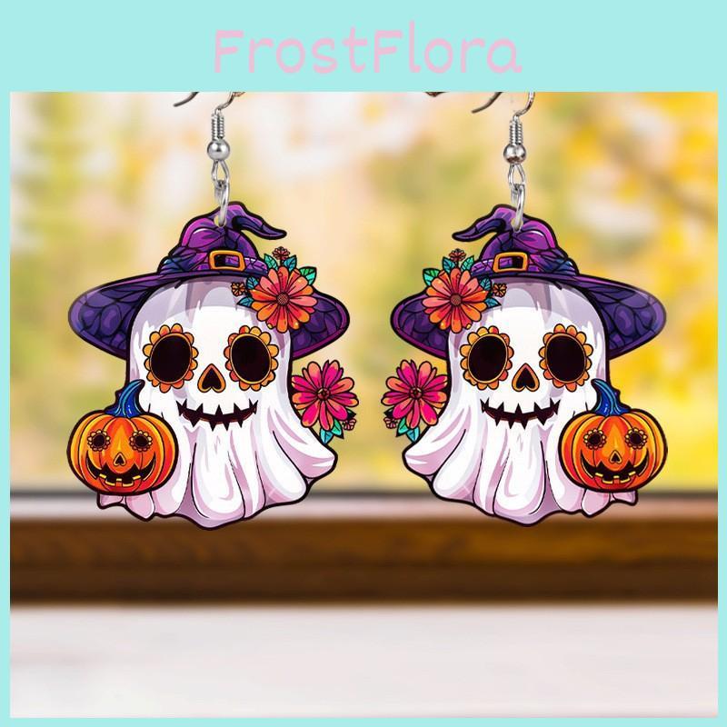 Halloween Themed Ghost Pumpkin Flower Pattern Women Alien Acrylic Earrings For Holiday Celebrations