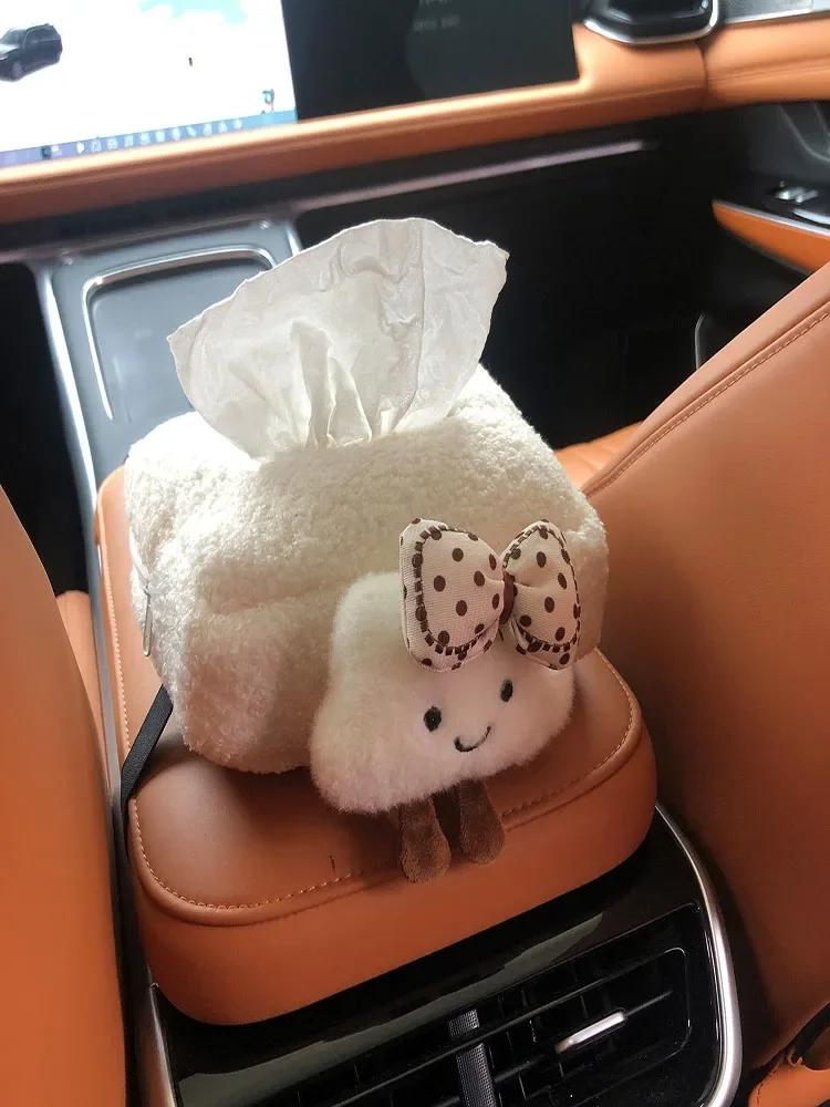 1 Pack Adorable Plush Cloud Car Tissue Holder Bow Knit Hat Car Headrest Tissue Box for Women Girls Auto Interior Decor
