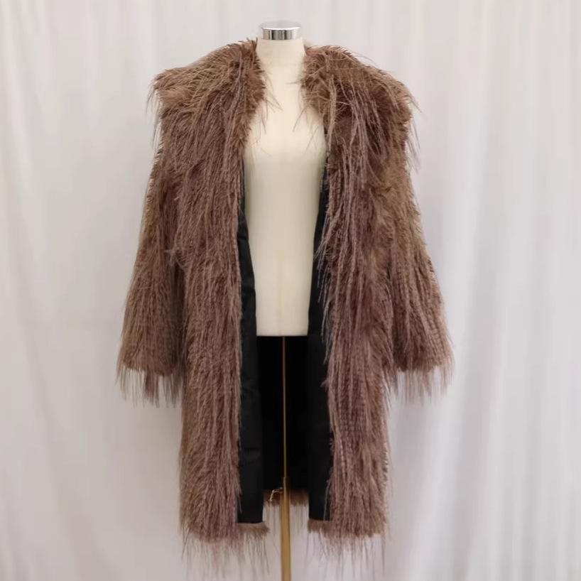 Women's imitation fur jacket long hair floating hair long coat wool suit collar belt mink trench coat
