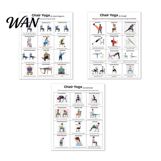 Office Worker Exercises 3Pcs Chair Yoga Poster Set for Seniors Low Impact Stretching Exercise Strength Improvement Guide Chart Elderly Seated Morning A