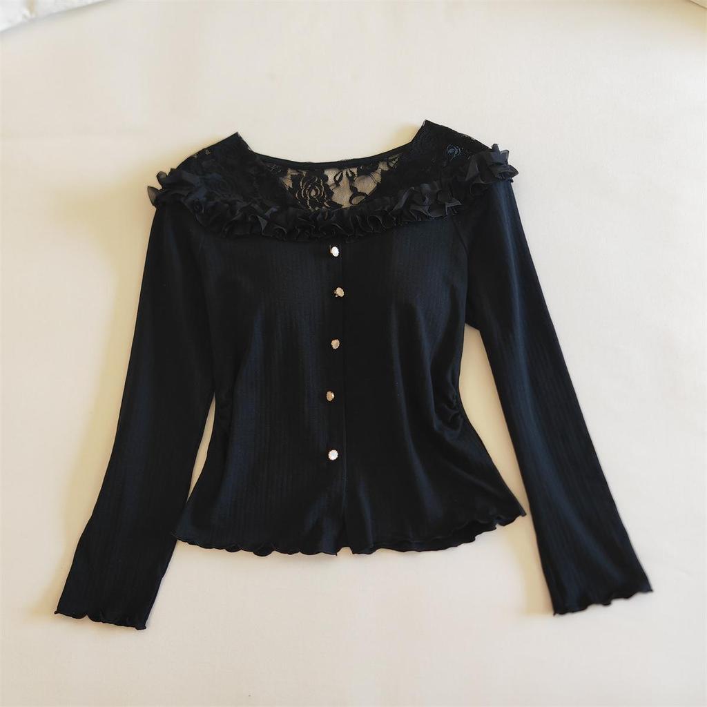 Women's Cotton Pajama Set: Long Sleeve, Lace Trim, Long Pants, Chest Pads, Sexy Style for Spring, Autumn, Winter.