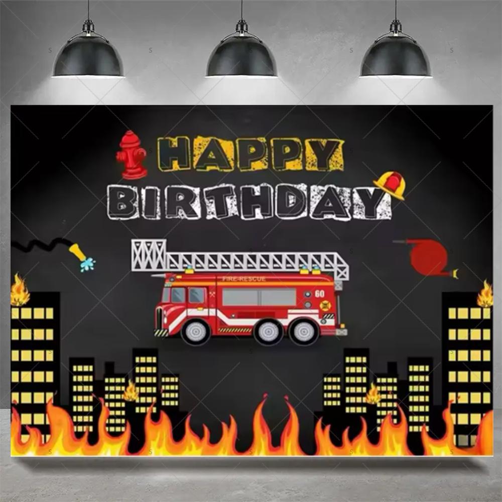 Firefighter Firetruck Theme BackgroundRed Fire Truck Children Boy Birthday Party Decor Baby Shower Photography Backdrop Props
