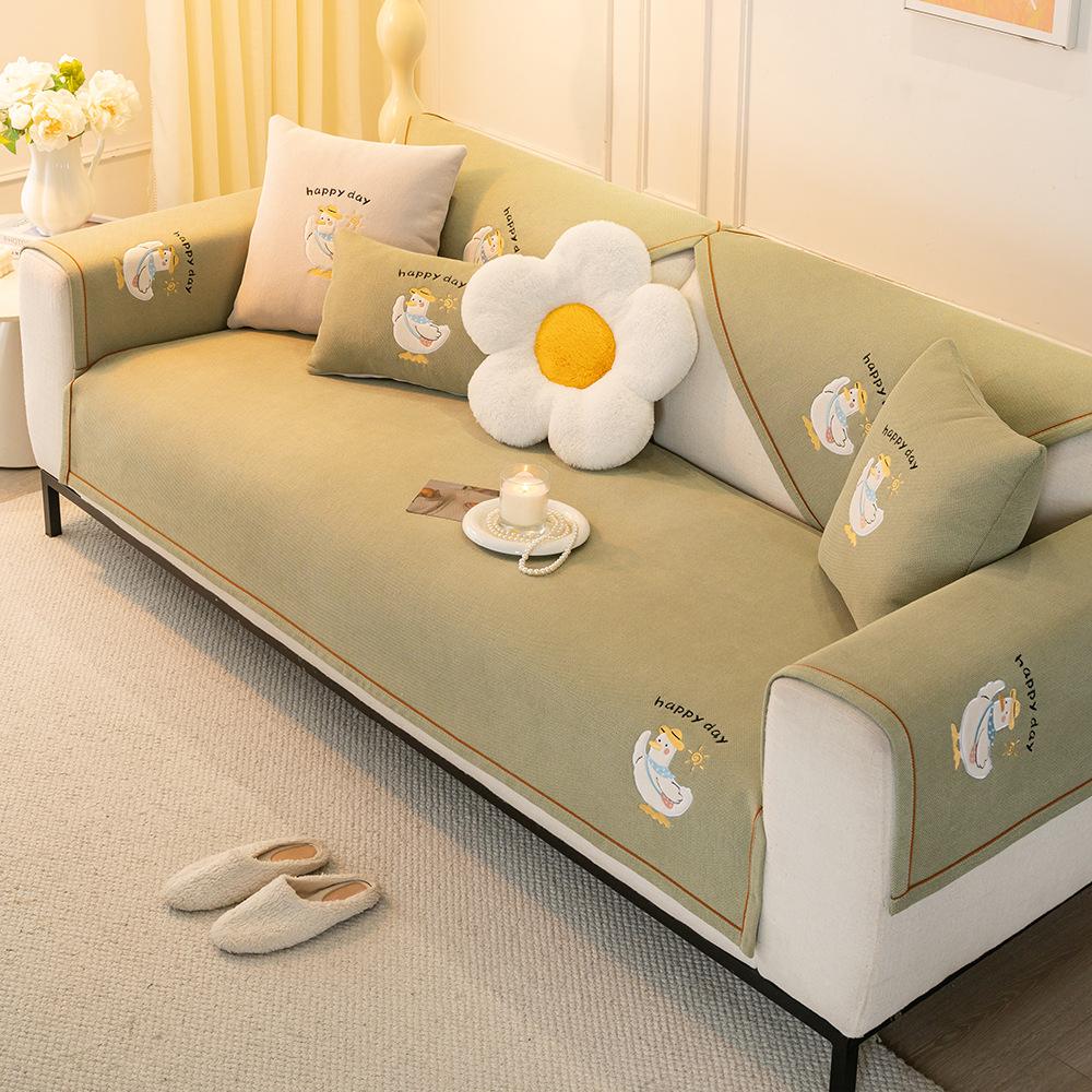 Embroidery Cartoon Duck Sofa Cushion Universal In All Seasons  New Chenille Fixed Non-Slip Sofa Seat Cushion Cover Cloth