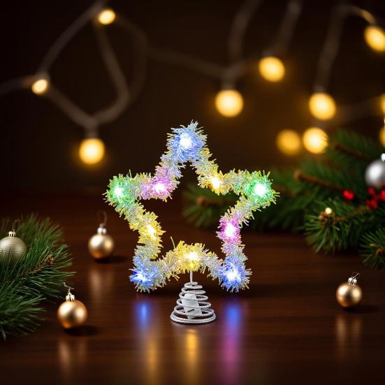 1/2Pcs Christmas 3D Tree Top Star Glittered Decoration with LED Lights Colorful Silk Threads Visual Appeal Holiday Seasonal Decor