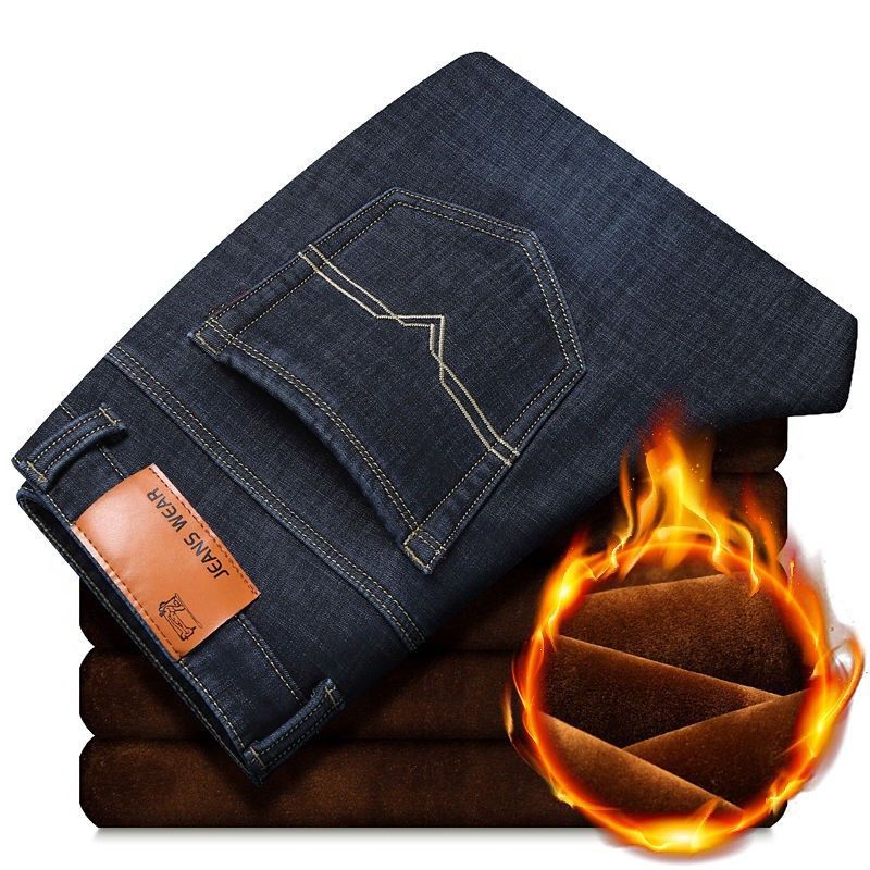Zima Ležérní Pánské Teplé fleecové džíny Klasický styl Business Hustá kožešina Regular Fit Denim Kalhoty Značka Plyšové kalhoty