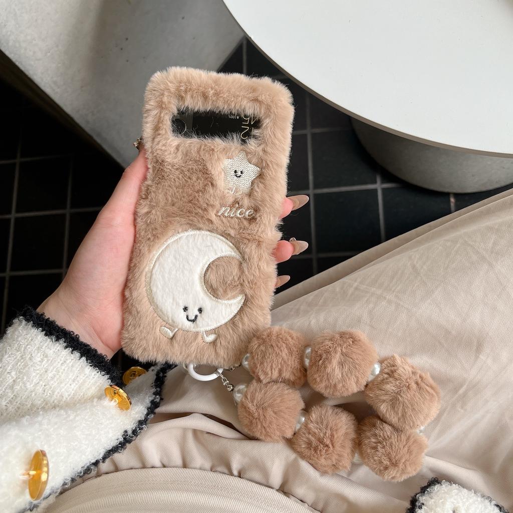Cute Embroidered Moon Star Folding Plush Phone Case with Chain Fall Winter Warm Phone Accessories for Galaxy Z Flip 3 4 5 6