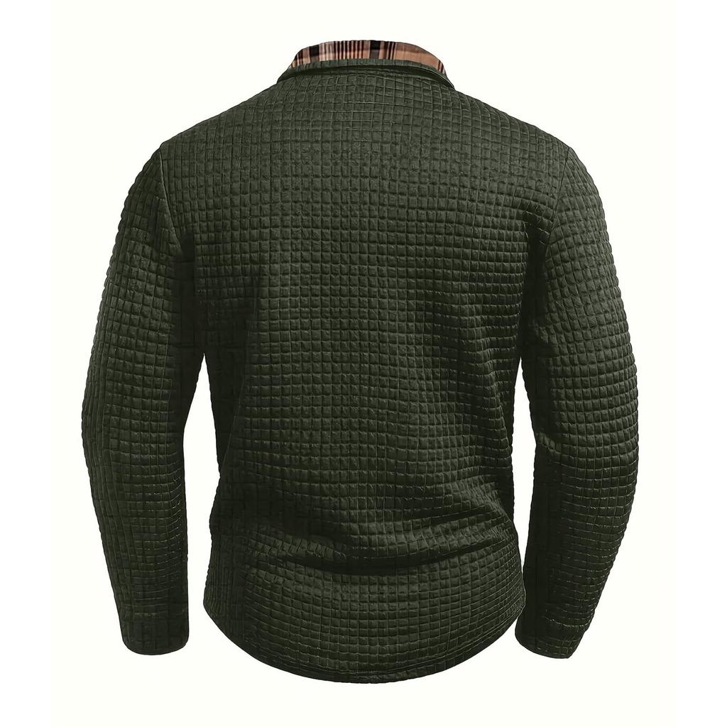 Men's Casual Solid Color Checkered Patchwork Pocket, Lapel, Long Sleeved Sport