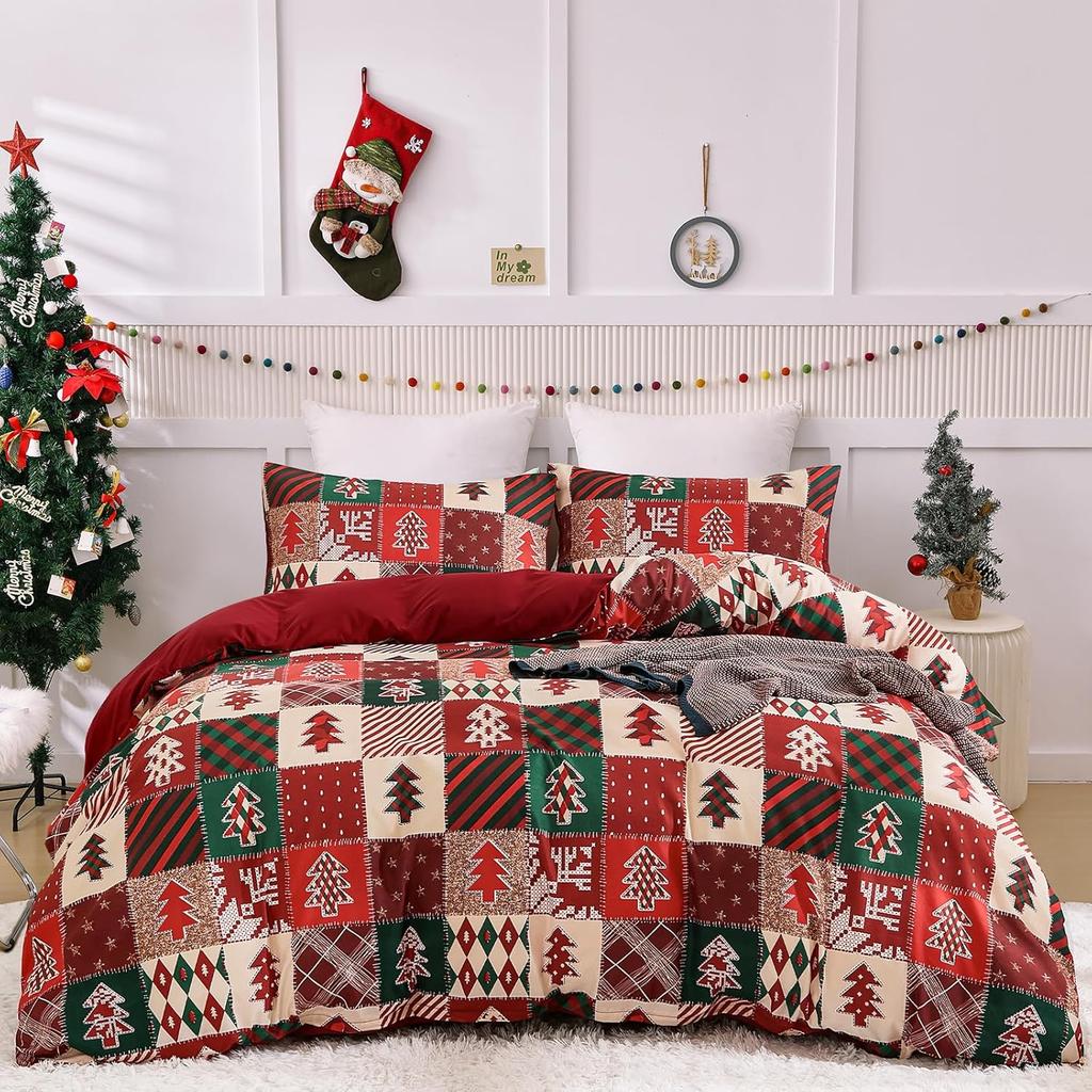 Christmas Duvet Cover Set Patchwork Plaid Bedding Set Red And Green Christmas Tree Printed Duvet Soft Duvet Comforter Covers