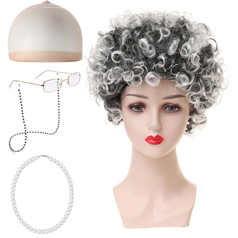 Set Parrucca Riccia da Nonna Corta Per Costume di Halloween Con Vari Colori alla Moda