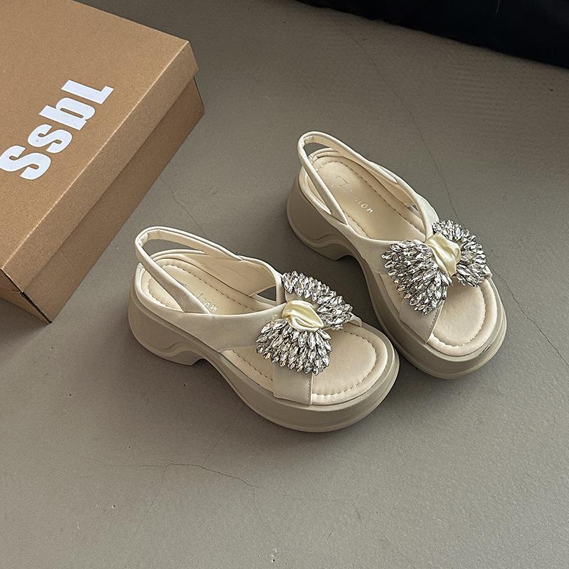 Fairy style casual temperament thick-soled slope heel cool slippers female summer bow versatile rhinestone fashion beach sandals