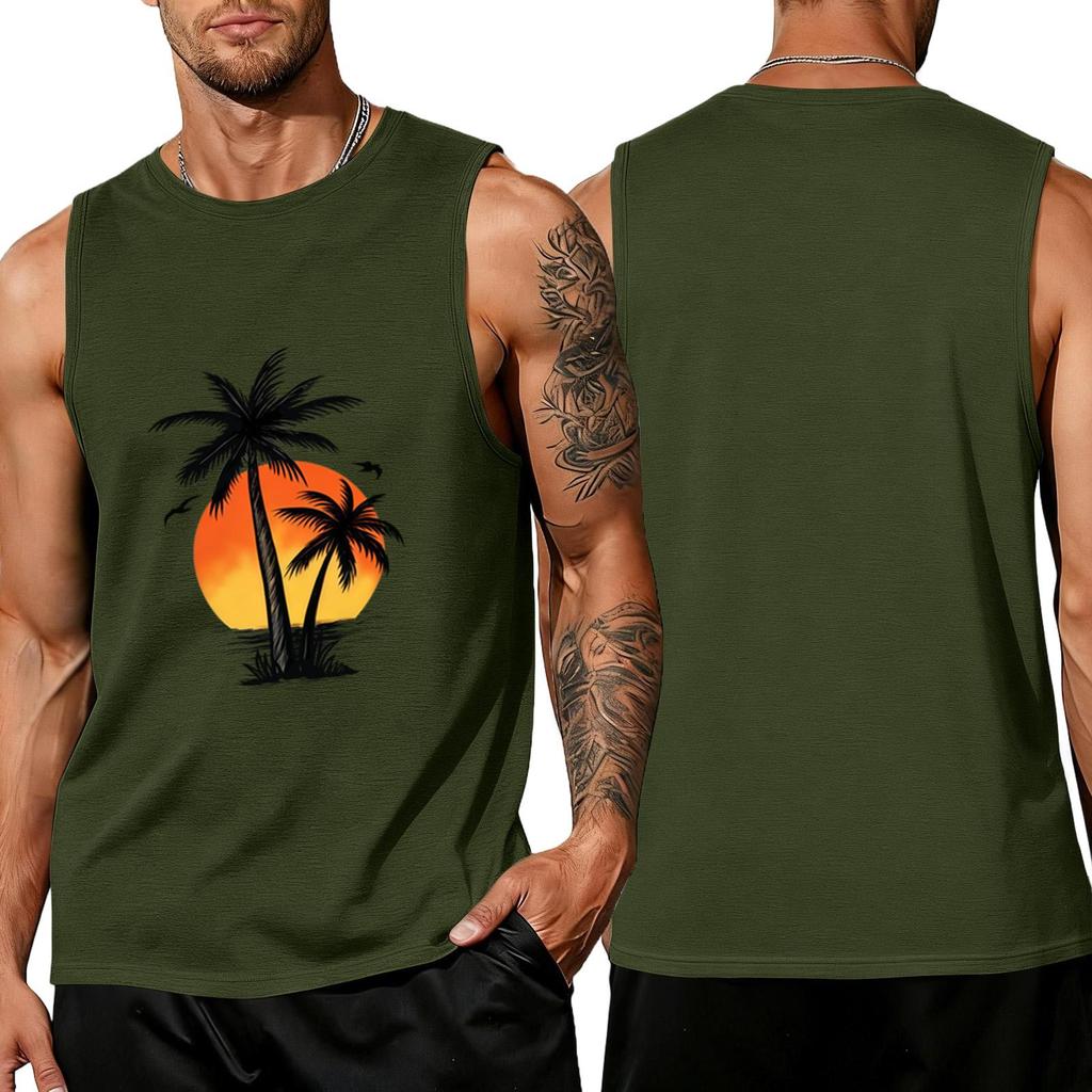 Men Sleeveless Crew Neck Tank Top with Tree and Print Relaxed Fit Casual Shirt for Summer Outdoor Use
