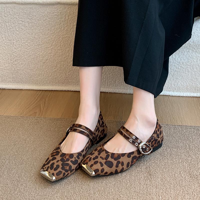 Fashion Studded One Strap Low Heel Shoes New Square Toe Shallow Mouth Leopard Suede Single for Autumn