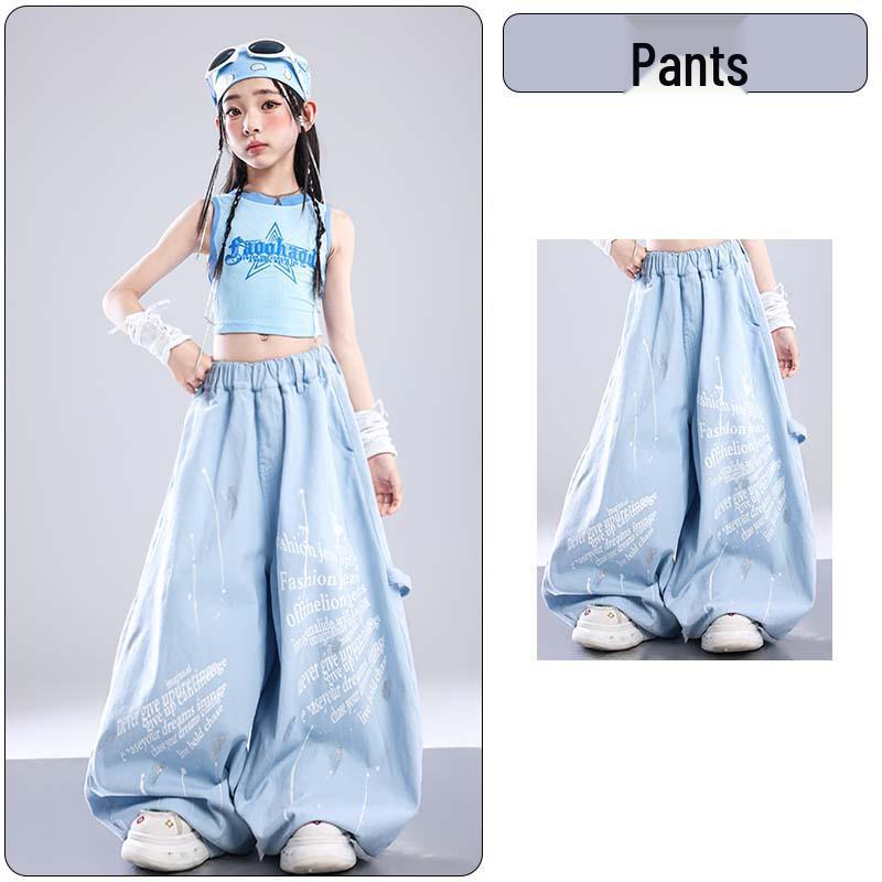 Trendy Blue Jazz Dance Costumes for Girls - Fashionable Performance Outfits for Children's Fashion Shows
