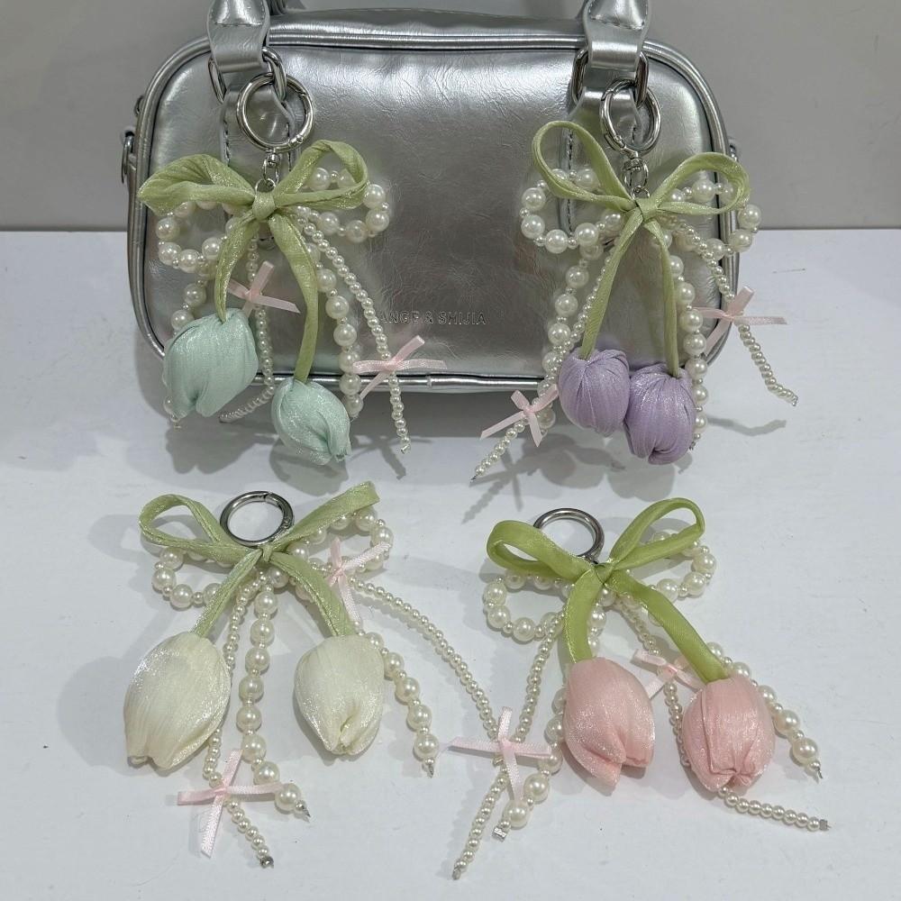 New Ribbon Pearl Tulip Ribbon Keychain Tulip DIY Mobile Phone Pendant Jewelry Style Pearl Bow Bag Accessories Mobile Phone Chain