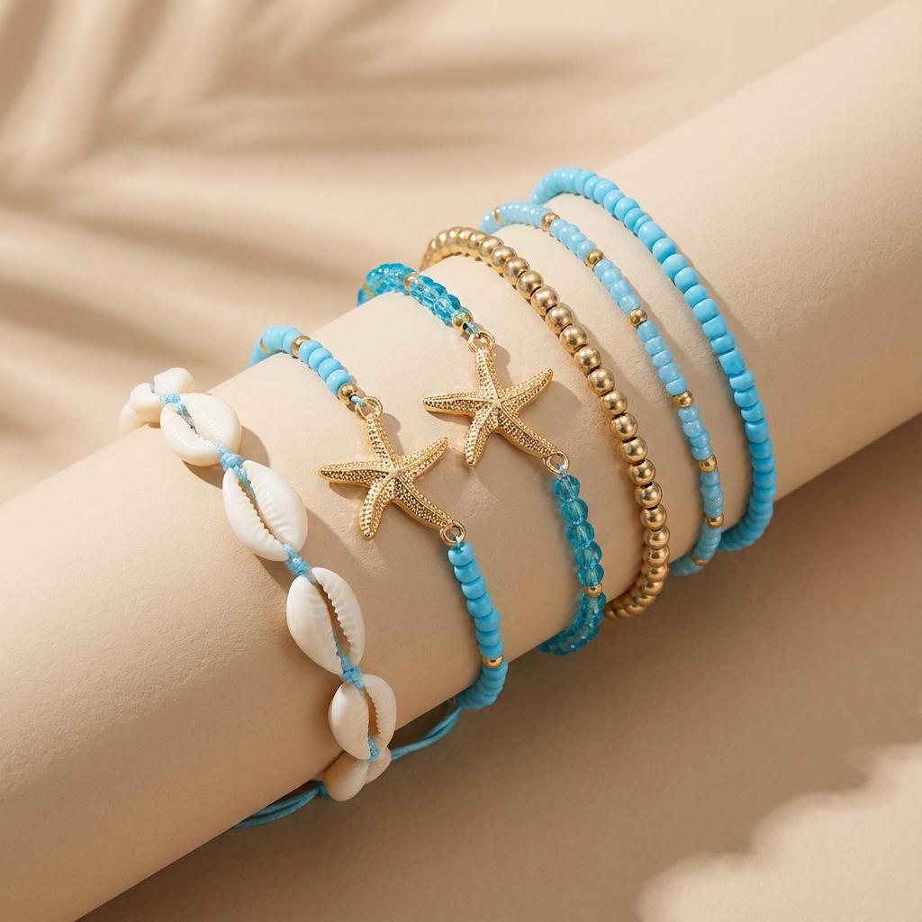 7Pcs Bohemia Multilayer Ocean Style Starfish Shell Beads Bracelets For Women Beach Vacation Stretchy Strand Chain Bangle Jewelry