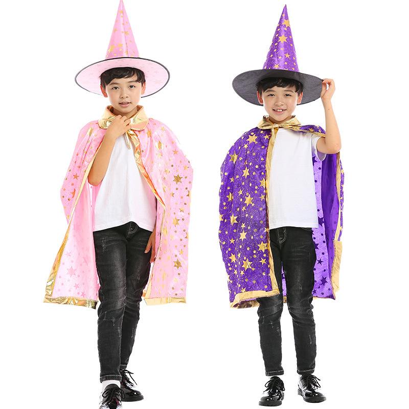Sydanne Kids Magician Wizard Cloak Hat Cosplay Costume Hot Stamping Five-pointed Star Cloak Party Costume Halloween Costume